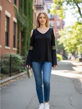 Black V-Neck Long Sleeve Cold Shoulder Top with Gold Accent